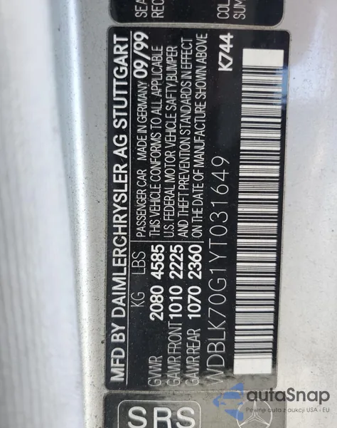 2000 Mercedes-Benz Clk 430 z USA, uszkodzony, nr VIN WDBLK70G1YT031649